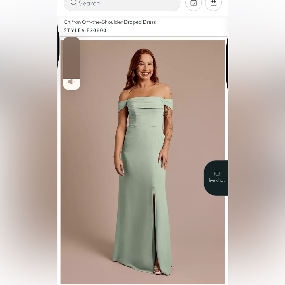 David’s Bridal Chiffon Off-the-Shoulder Draped Dress in Dusty Sage size 6